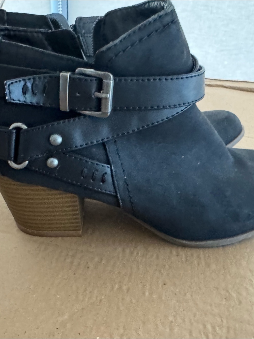 Indigo Black Suede Ankle Booties with Buckle Strap